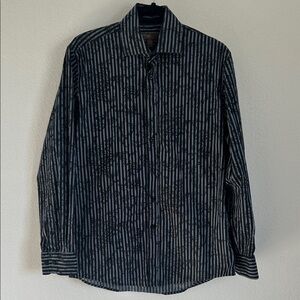 Blue Pronto Uomo Dress Shirt Black & Blue Striped w Vine Leaf Overlay Sz M